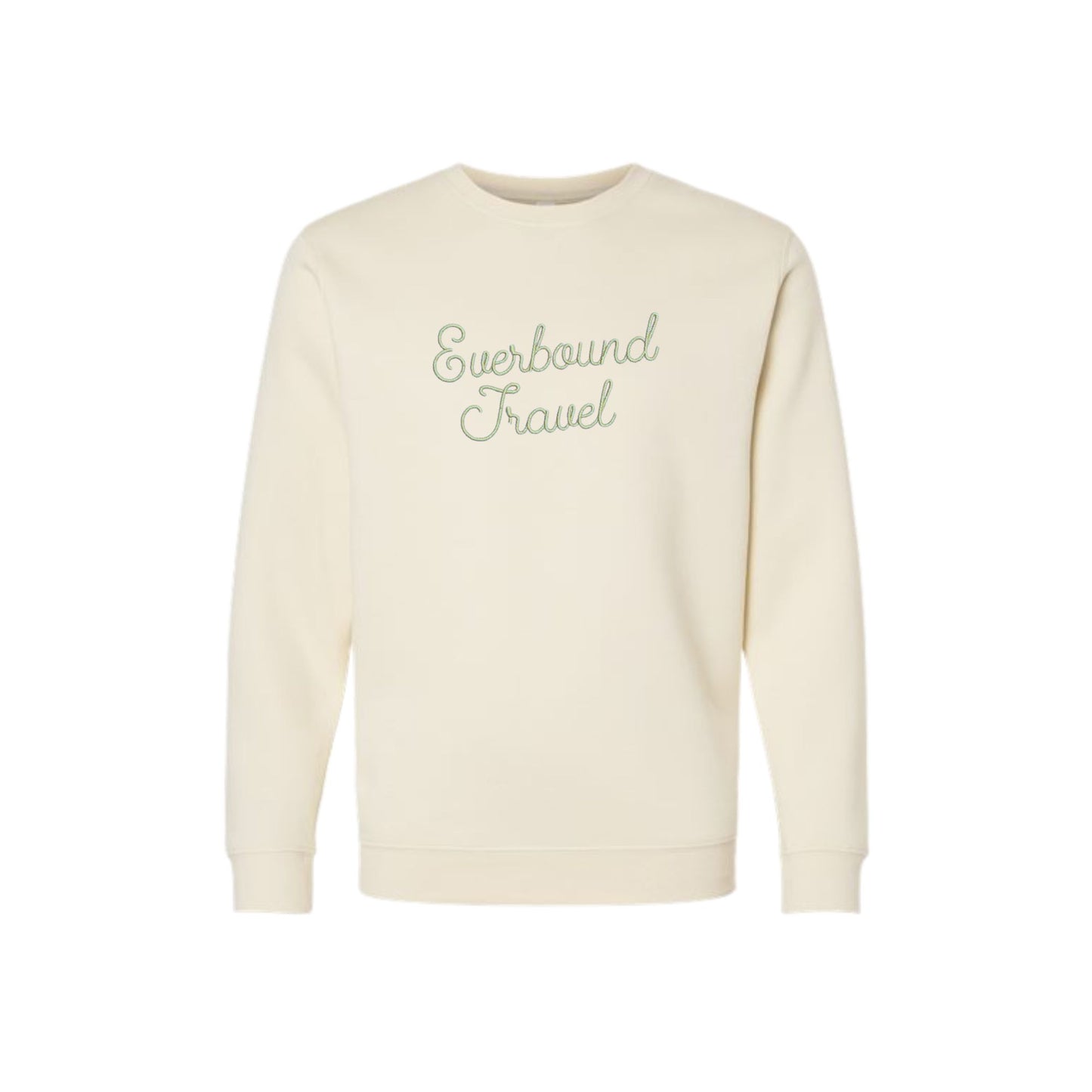 natural sweatshirt with 'Everbound Travel' text embroidered  on a white background