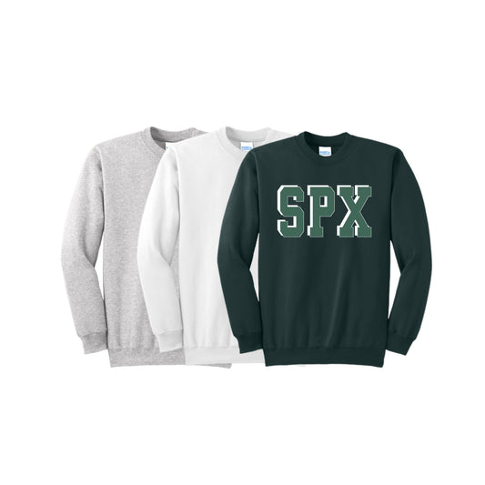 Three sweatshirts in gray, white, and green with 'SPX' print on a white background