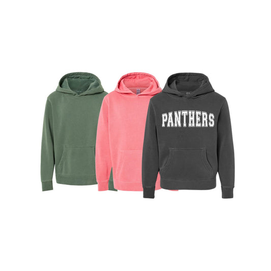 Three hoodies in green, pink, and black with 'PANTHERS' text on a white background
