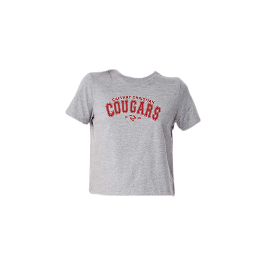 athletic heather boxy ladies tee with custom cougars print in red across the chest