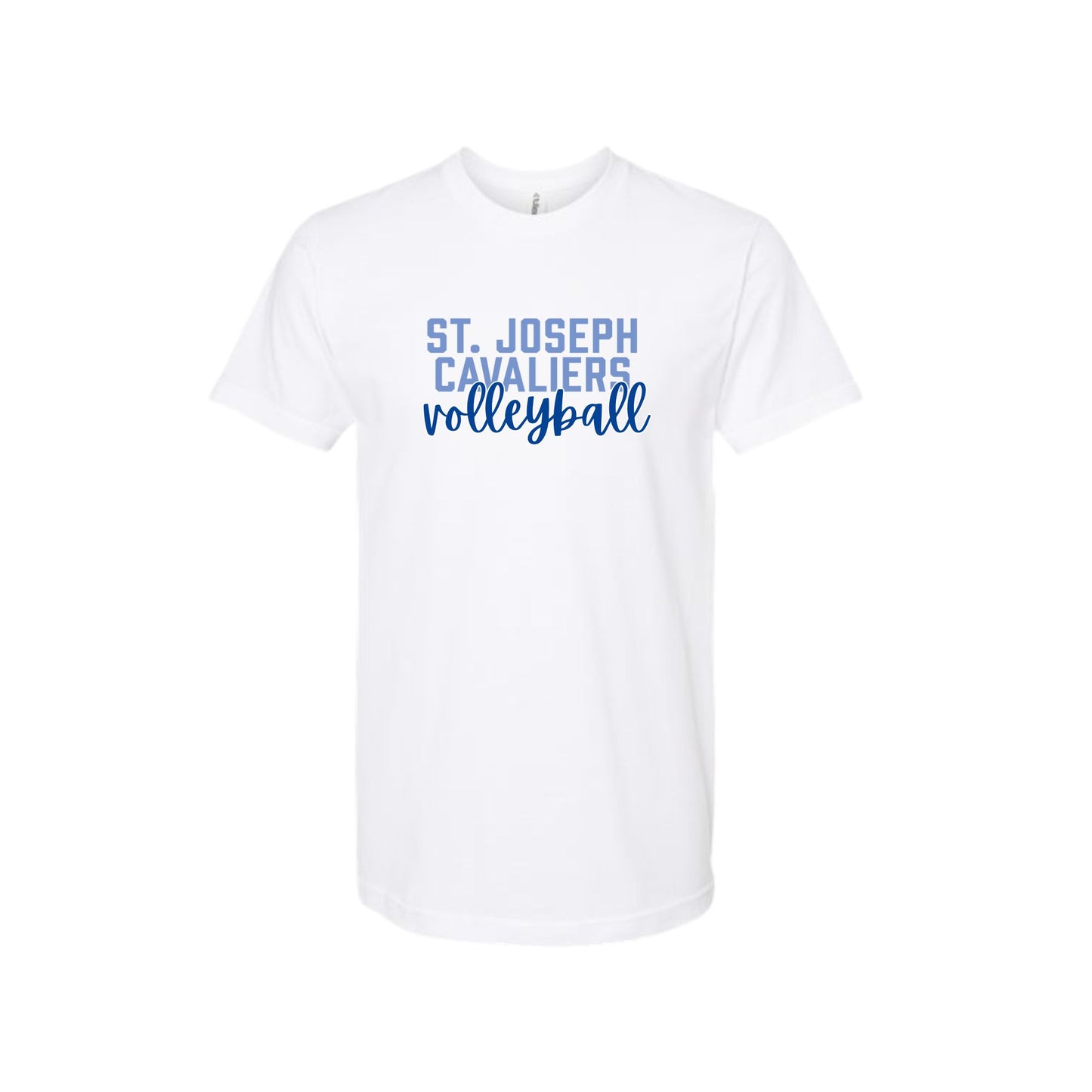 White t-shirt with 'St. Joseph Cavaliers Volleyball' text on a white background