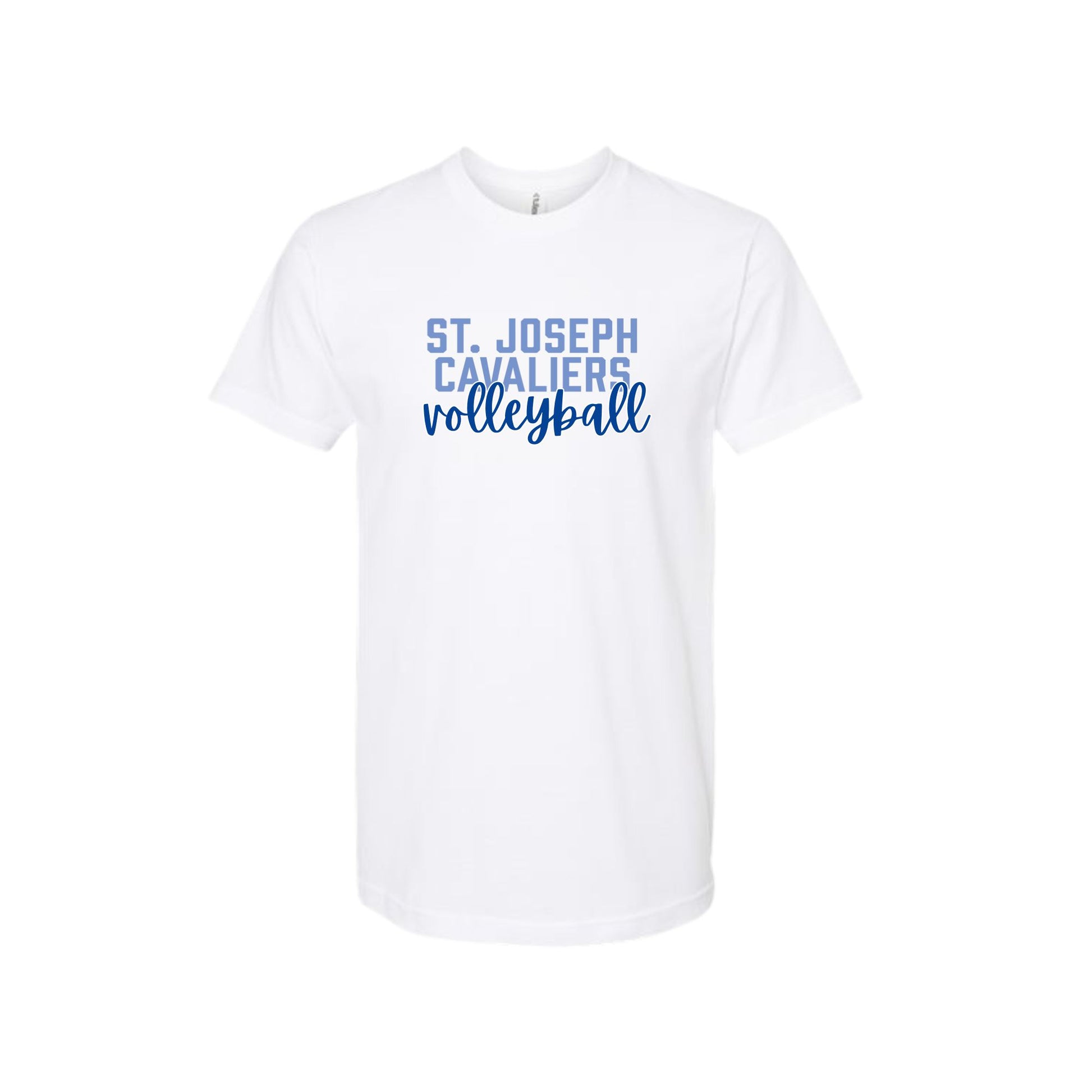 White t-shirt with 'St. Joseph Cavaliers Volleyball' text on a white background