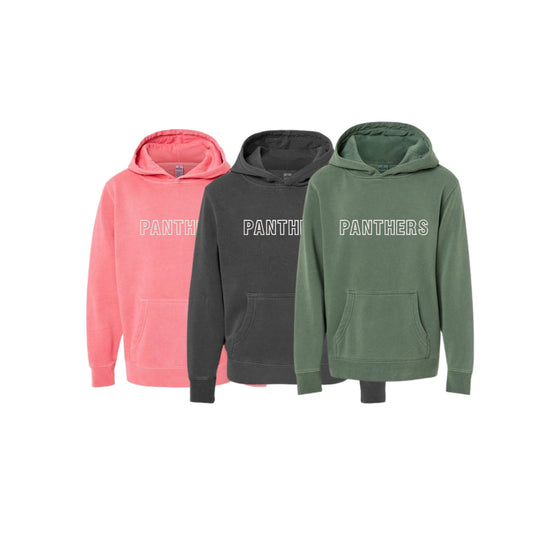 Three hoodies in pink, black, and green with 'PANTHERS' text on a white background