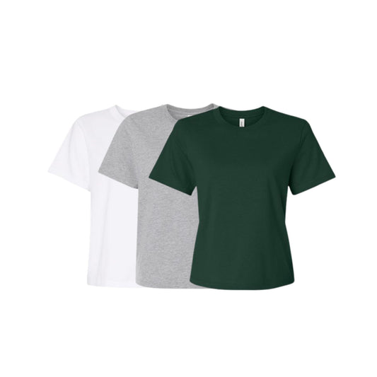 Three plain t-shirts in white, gray, and green on a white background