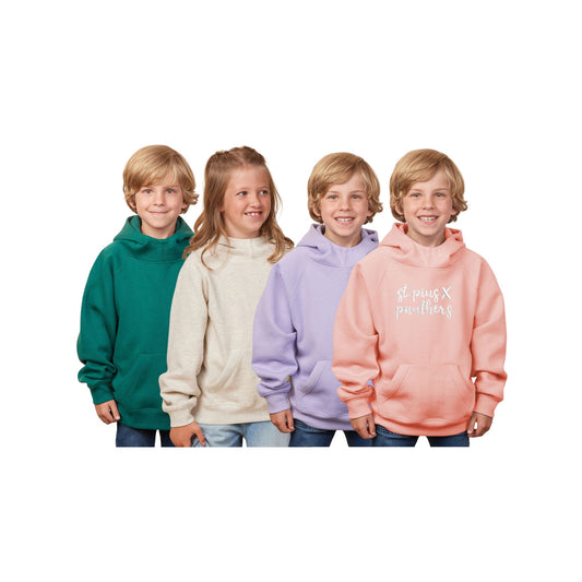 Four children wearing colorful hoodies on a white background