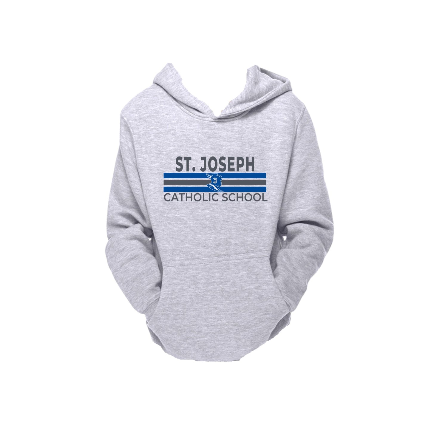 athletic heather hooded sweatshirt with custom st. joseph catholic school printed design