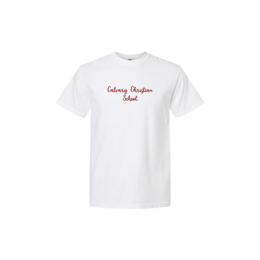 white comfort colors short sleeve t-shirt with custom Calvary Christian School embroidered cursive design in red thread