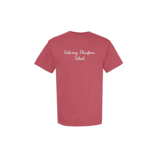 crimson comfort colors short sleeve t-shirt with custom Calvary Christian School embroidered cursive design in white thread