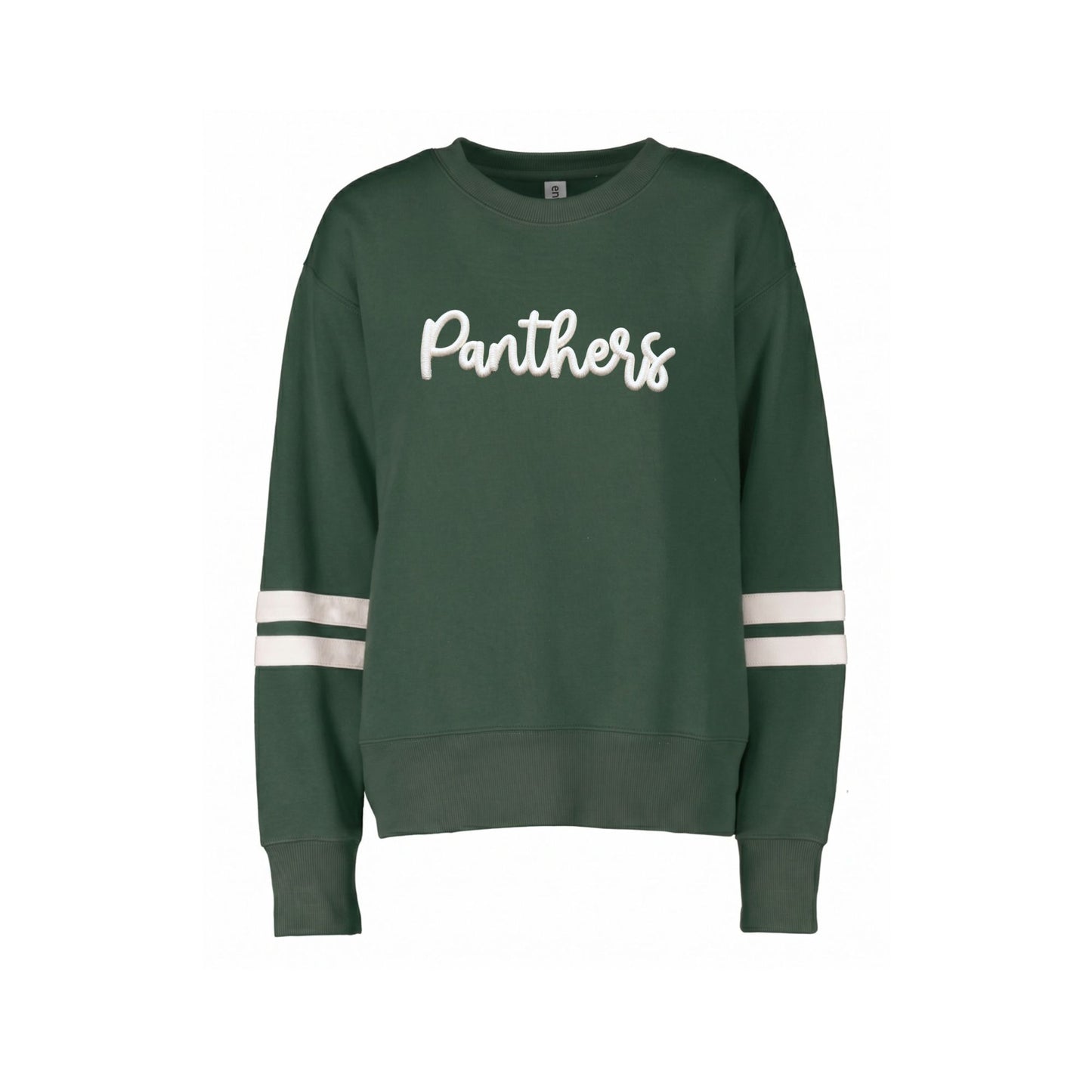 A dark green crewneck sweatshirt featuring the word 'Panthers' in white script across the chest and two white stripes on each sleeve, shown against a plain white background.
