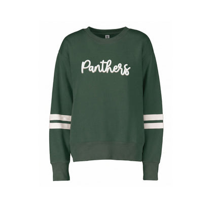 A dark green crewneck sweatshirt featuring the word 'Panthers' in white script across the chest and two white stripes on each sleeve, shown against a plain white background.