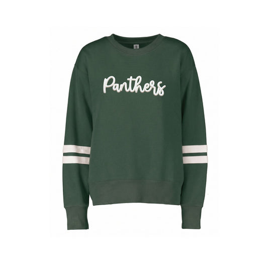 A dark green crewneck sweatshirt featuring the word 'Panthers' in white script across the chest and two white stripes on each sleeve, shown against a plain white background.