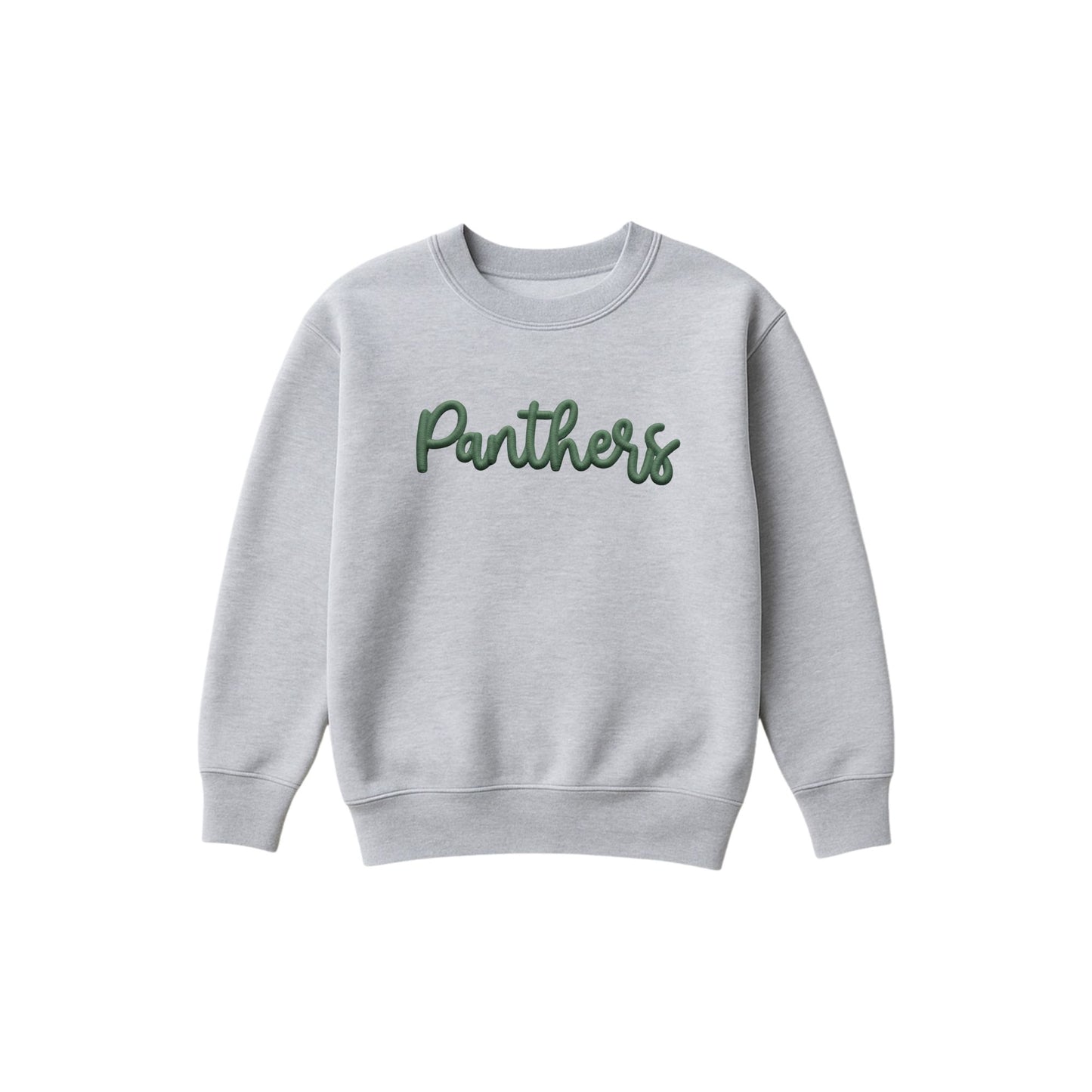 A light gray crewneck sweatshirt featuring the word 'Panthers' printed across the chest in a dark green cursive font, displayed on a clean white background.