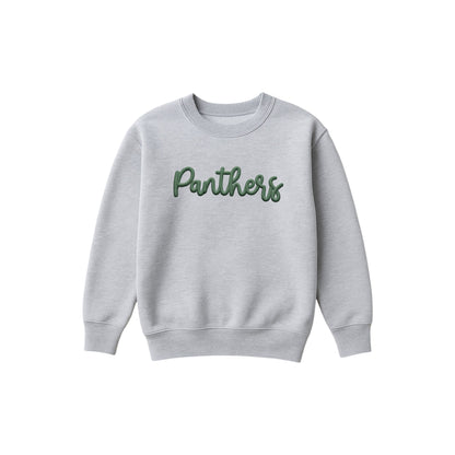 A light gray crewneck sweatshirt featuring the word 'Panthers' printed across the chest in a dark green cursive font, displayed on a clean white background.