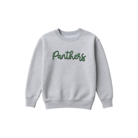 A light gray crewneck sweatshirt featuring the word 'Panthers' printed across the chest in a dark green cursive font, displayed on a clean white background.