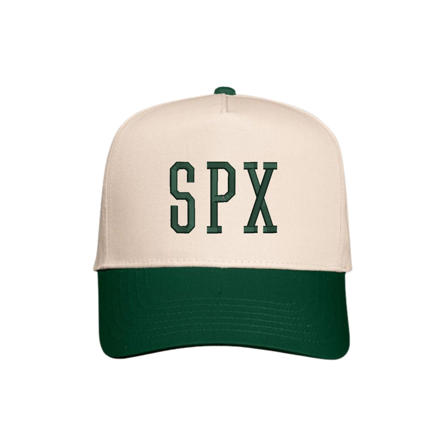 Beige and green cap with 'SPX' text on a white background