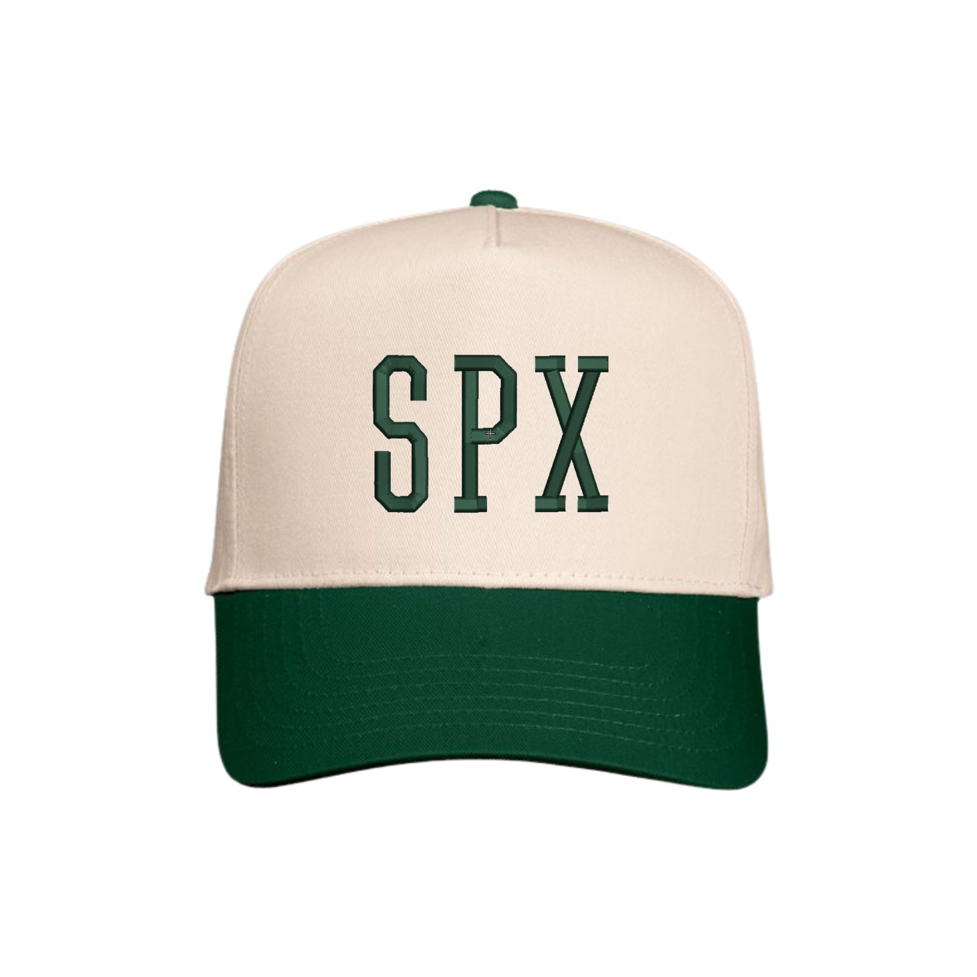 Beige and green cap with 'SPX' text on a white background