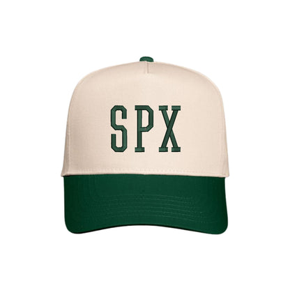 Beige and green cap with 'SPX' text on a white background
