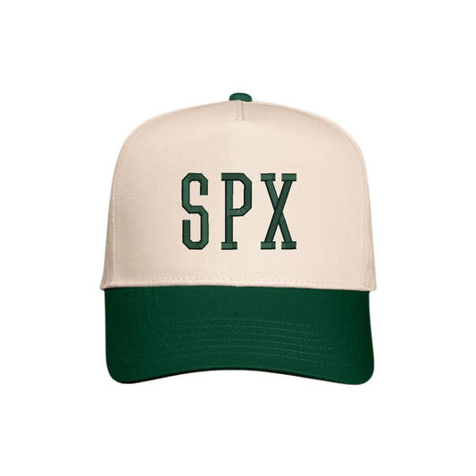 Beige and green cap with 'SPX' text on a white background