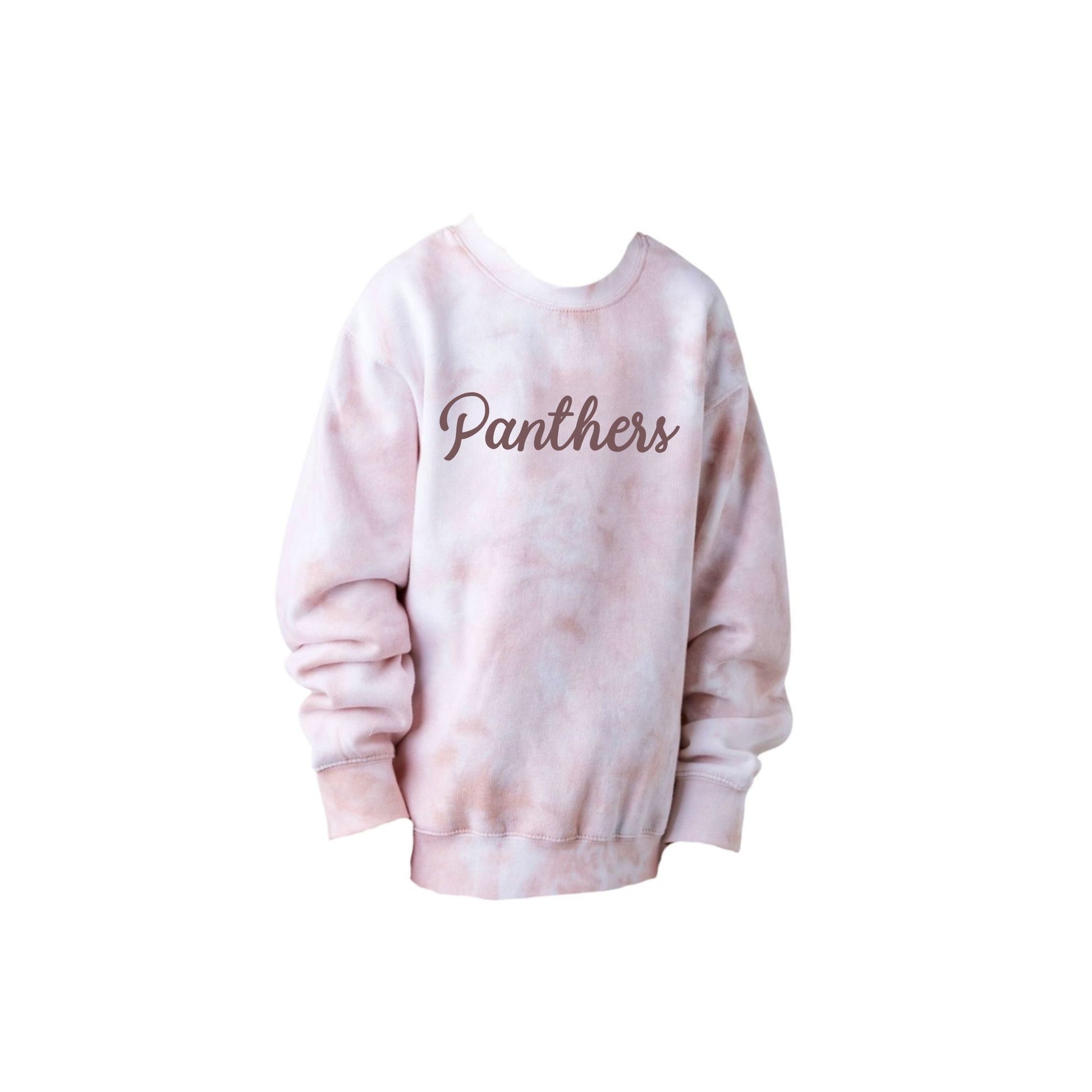 Pink tie-dye sweatshirt with 'Panthers' text on a white background