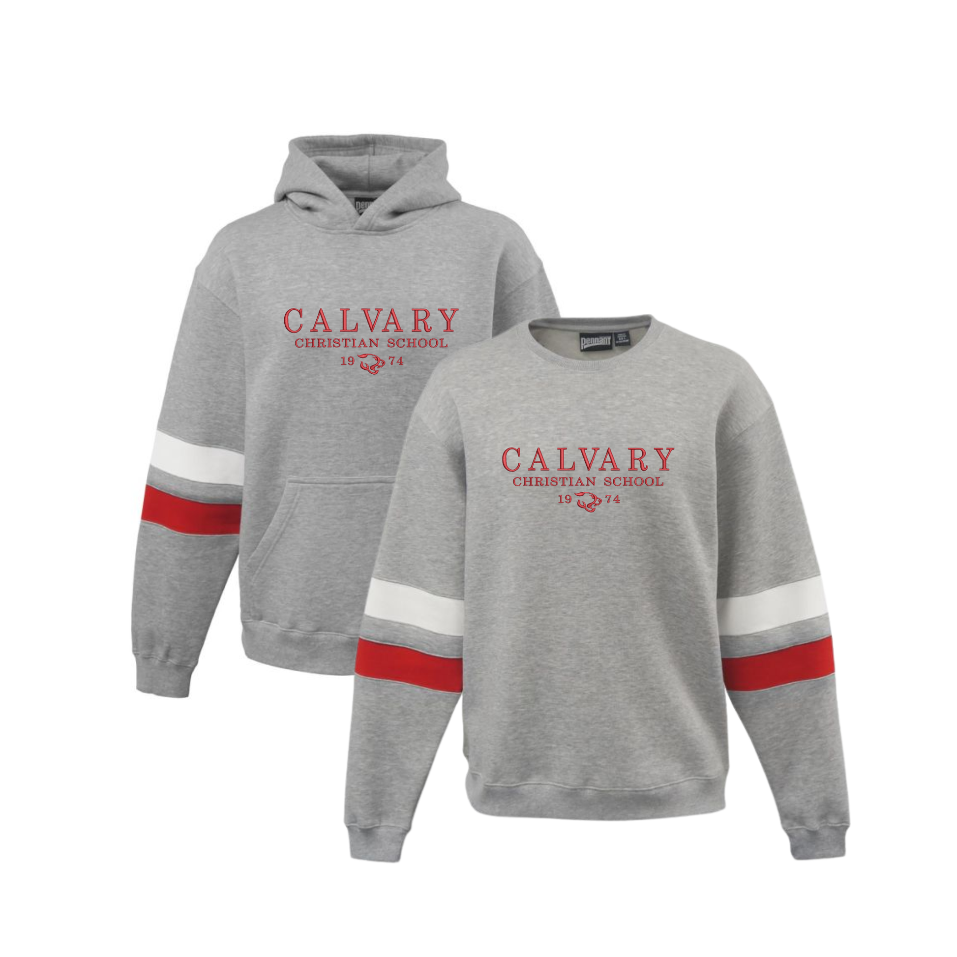 Two heather gray hoodies shown on a white background, one with a hood and one with a crew neck. Both feature red and white sleeve stripes and red 'CALVARY CHRISTIAN SCHOOL 1974' text on the chest.
