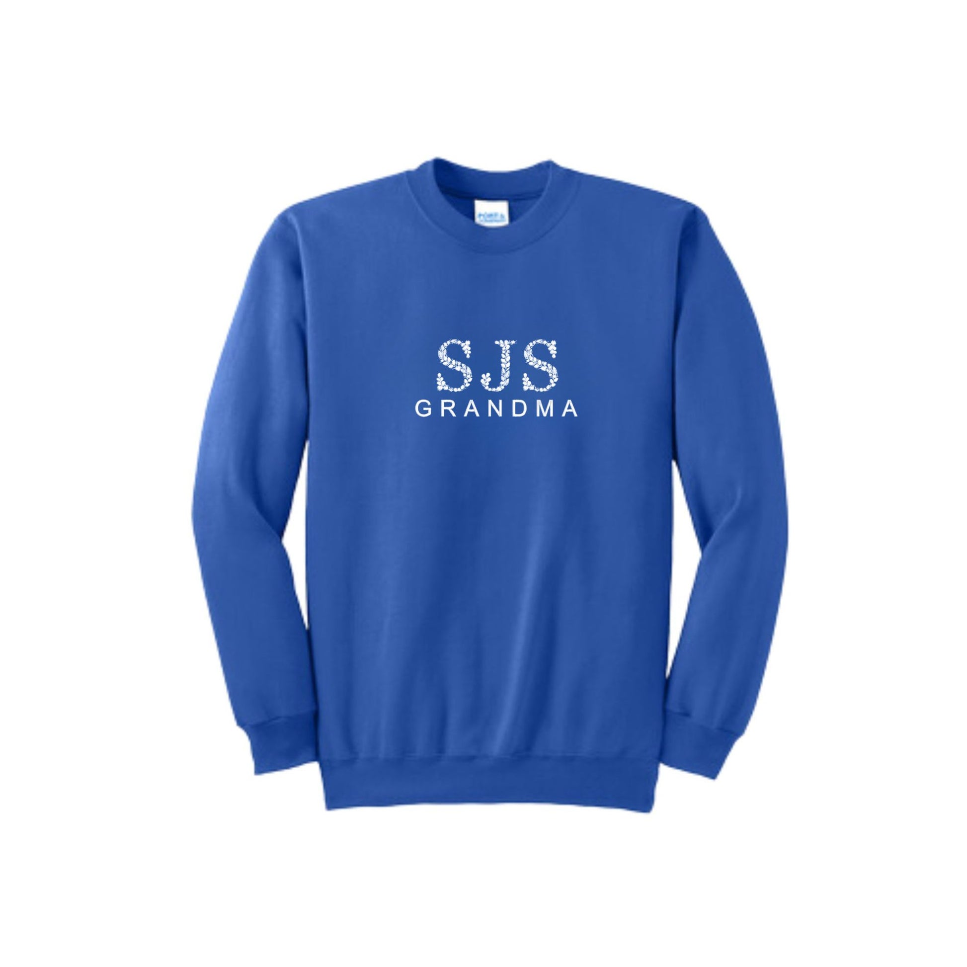 true royal sweatshirt with floral font sjs grandma embroidered in white thread