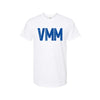 White t-shirt with blue VMM text on a white background