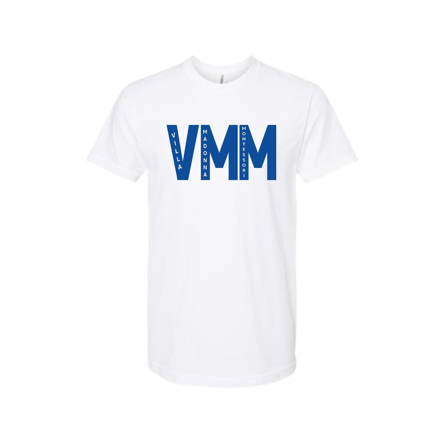 White t-shirt with blue VMM text on a white background