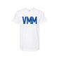 White t-shirt with blue VMM text on a white background