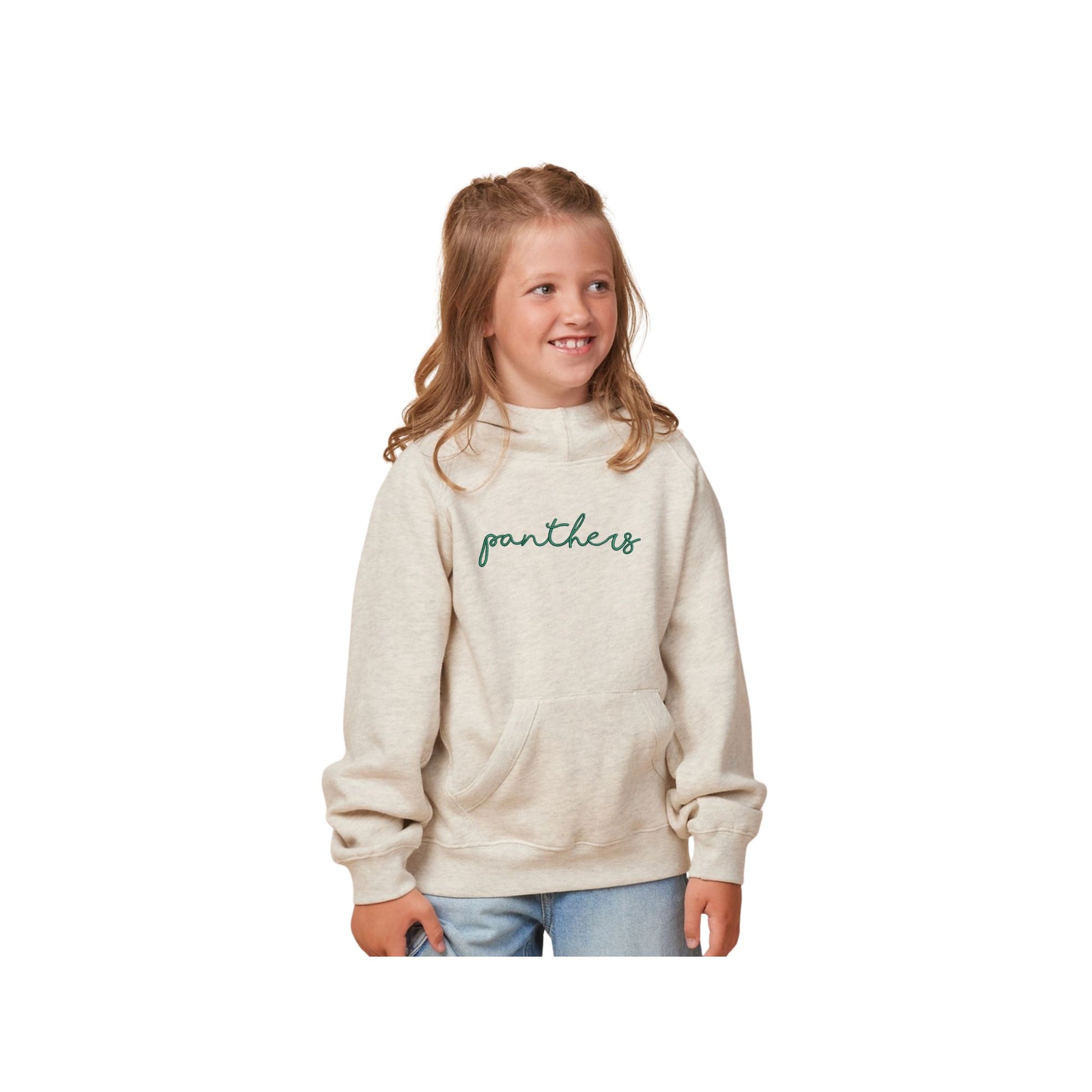 child wearing an oatmeal heather scuba neck hoodie with embroidered panthers design in hunter green thread