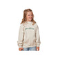 child wearing an oatmeal heather scuba neck hoodie with embroidered panthers design in hunter green thread