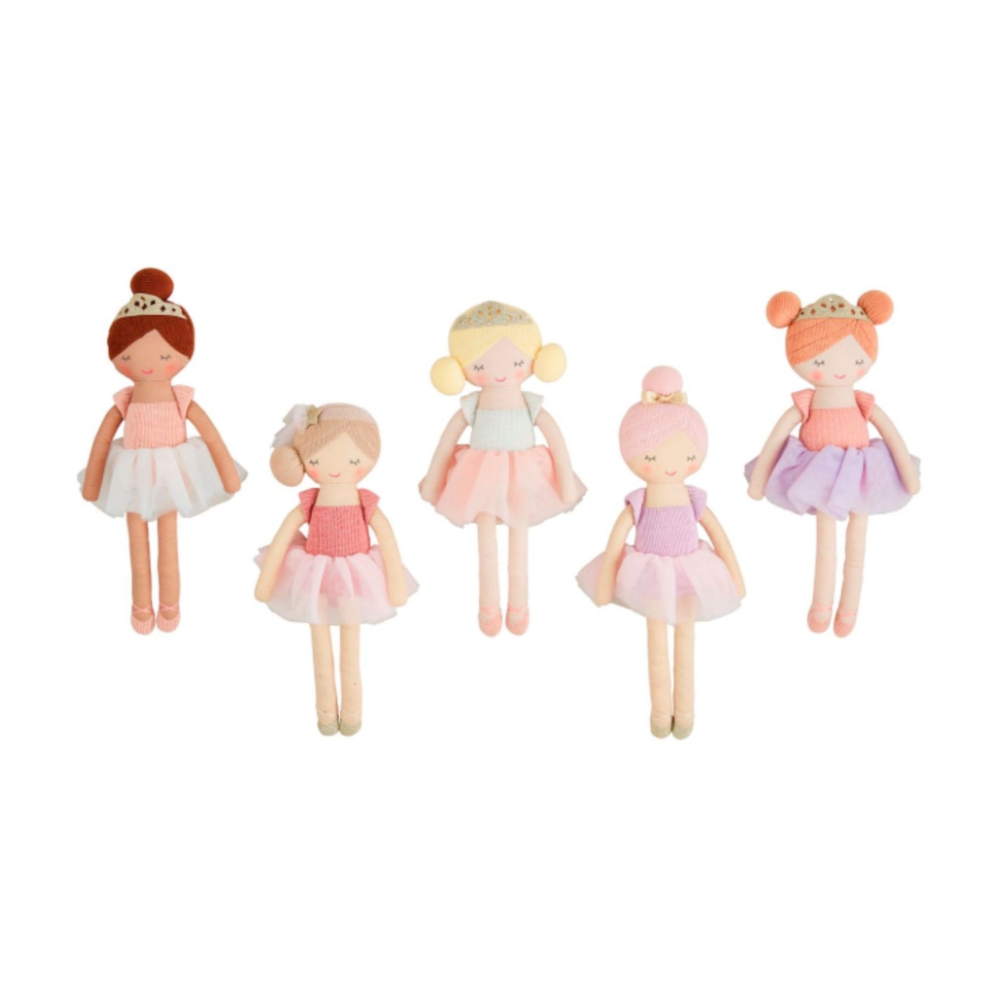 Five small dolls in colorful dresses on a white background