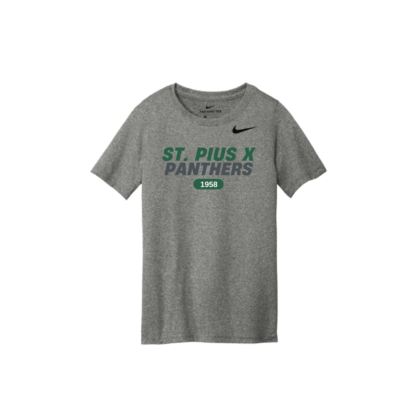 Gray t-shirt with 'St. Pius X Panthers' text and Nike logo on a white background