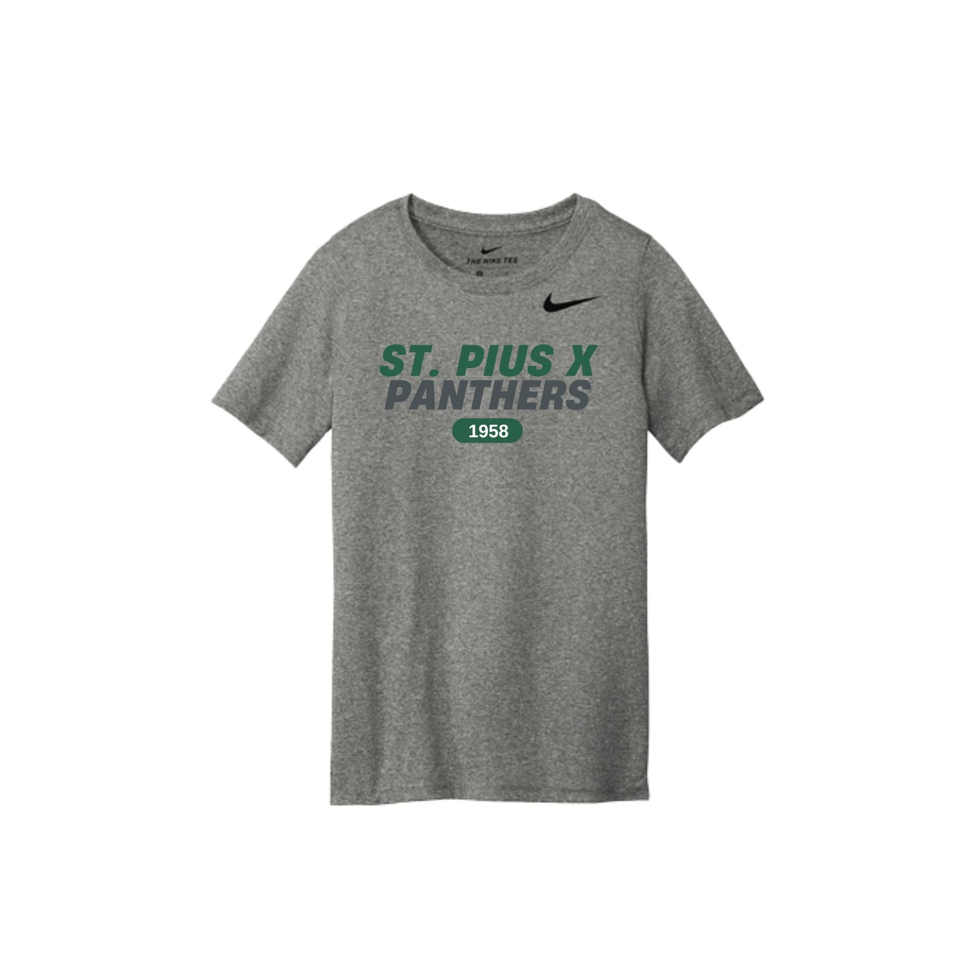 Gray t-shirt with 'St. Pius X Panthers' text and Nike logo on a white background