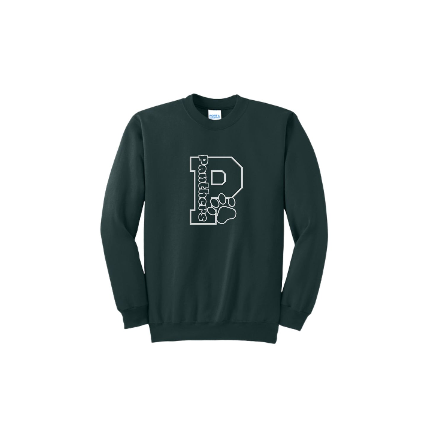 Dark green sweatshirt with a white 'P' design on a white background