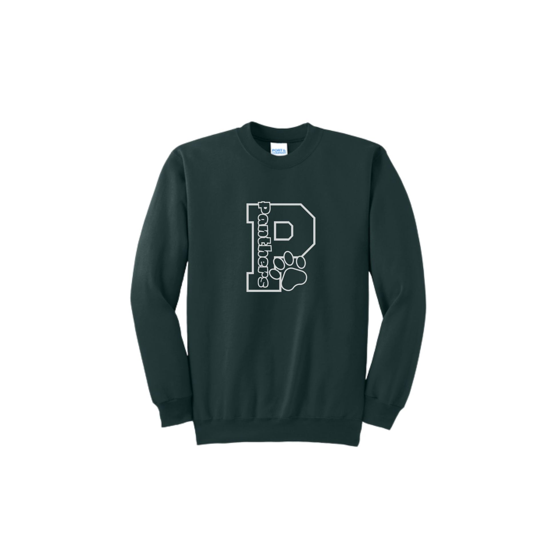 Dark green sweatshirt with a white 'P' design on a white background