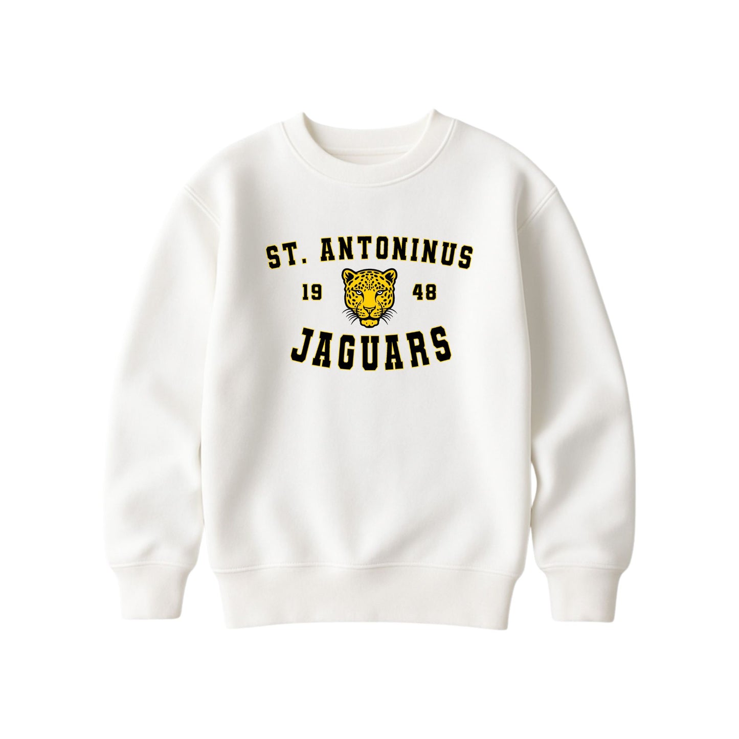 An off-white crewneck sweatshirt featuring a yellow and black 'St. Antoninus Jaguars' graphic with a jaguar head mascot on the chest, displayed against a solid white background.