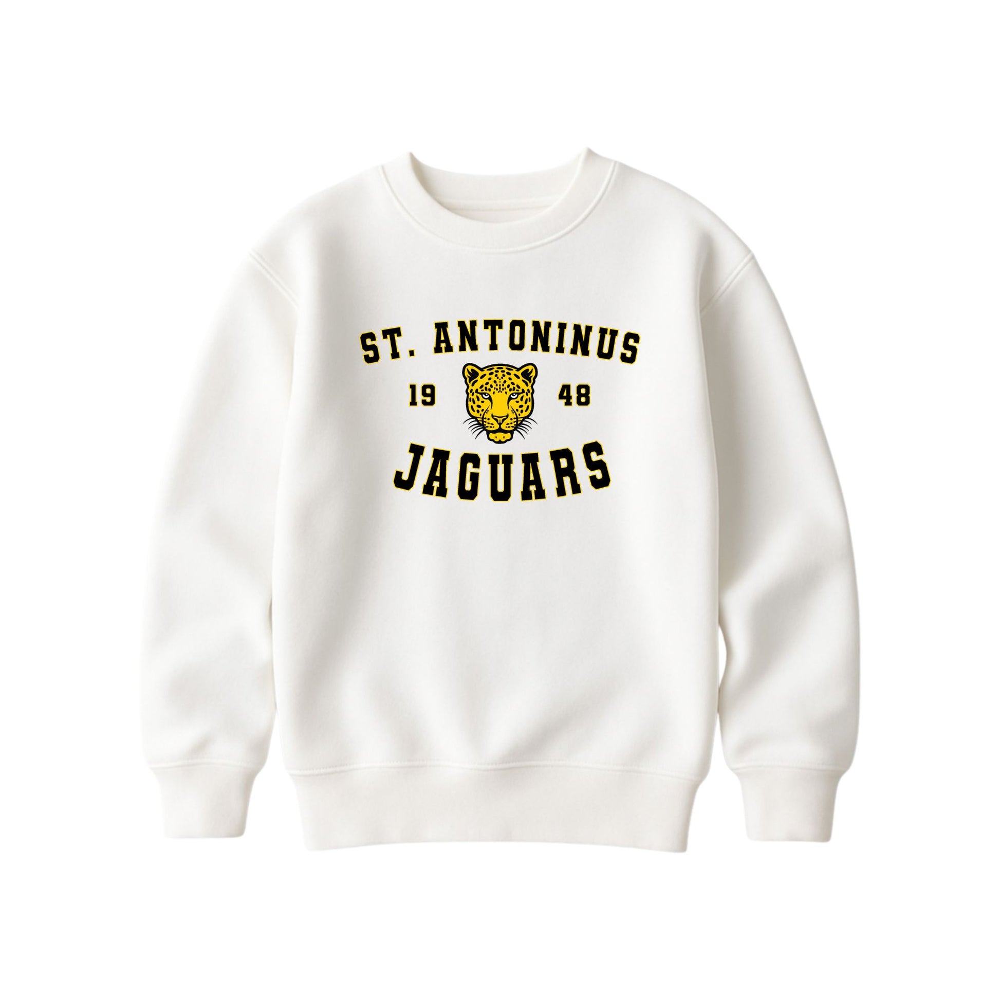 An off-white crewneck sweatshirt featuring a yellow and black 'St. Antoninus Jaguars' graphic with a jaguar head mascot on the chest, displayed against a solid white background.