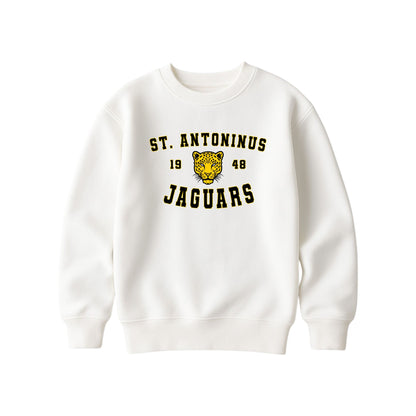 An off-white crewneck sweatshirt featuring a yellow and black 'St. Antoninus Jaguars' graphic with a jaguar head mascot on the chest, displayed against a solid white background.