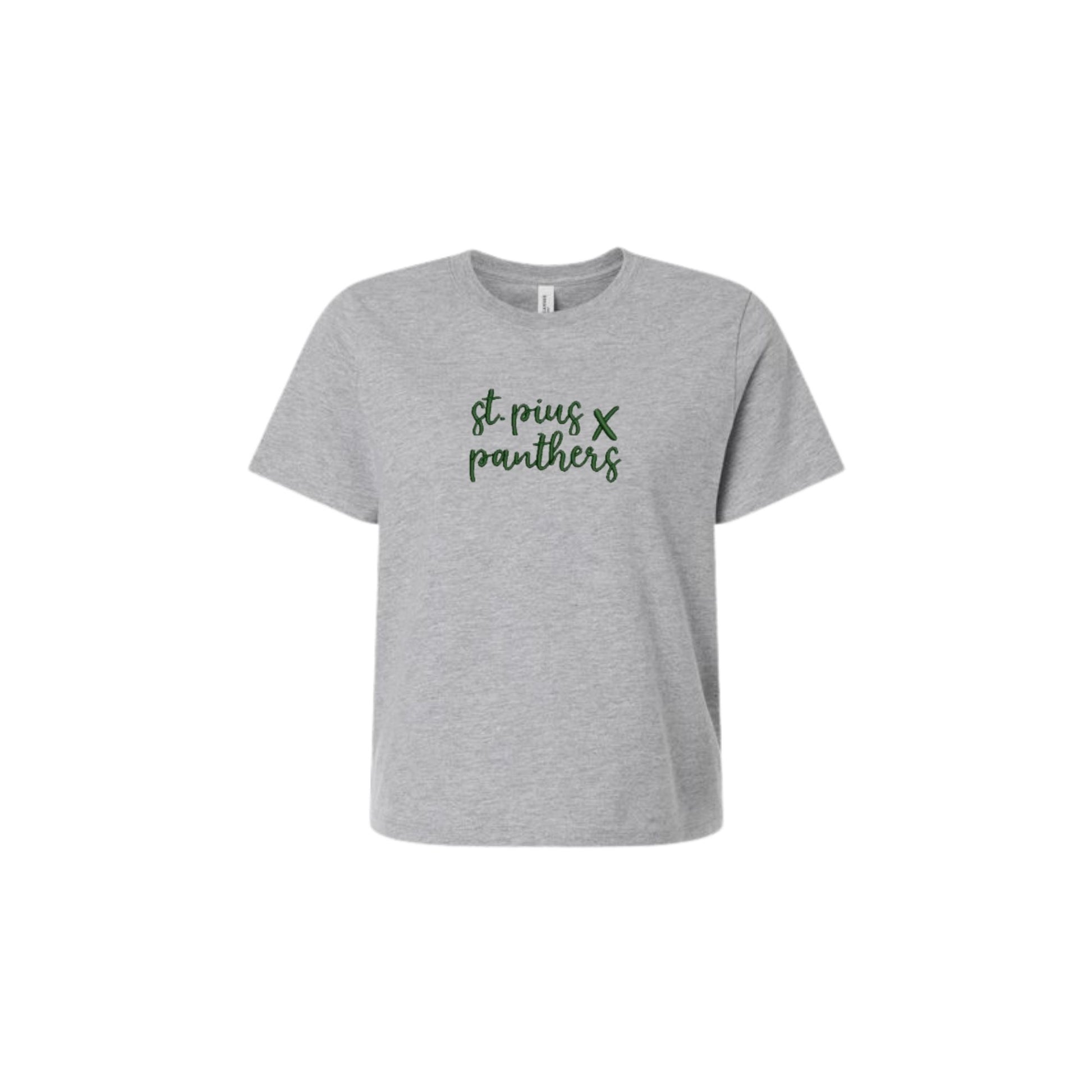Gray t-shirt with 'st. pius x panthers' text on a white background