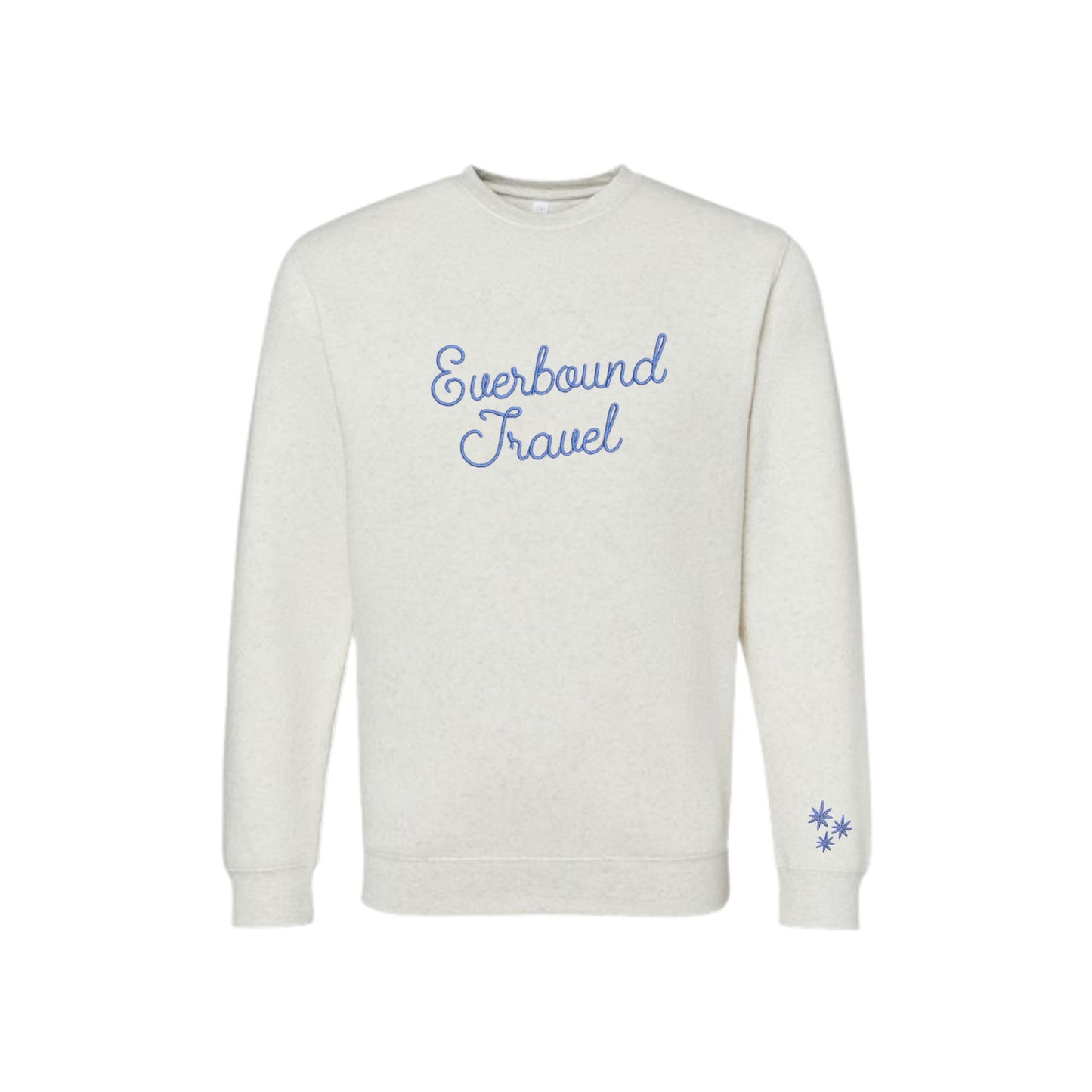 White sweatshirt with 'Everbound Travel' text embroidered on the front and stars on the cuff on a white background