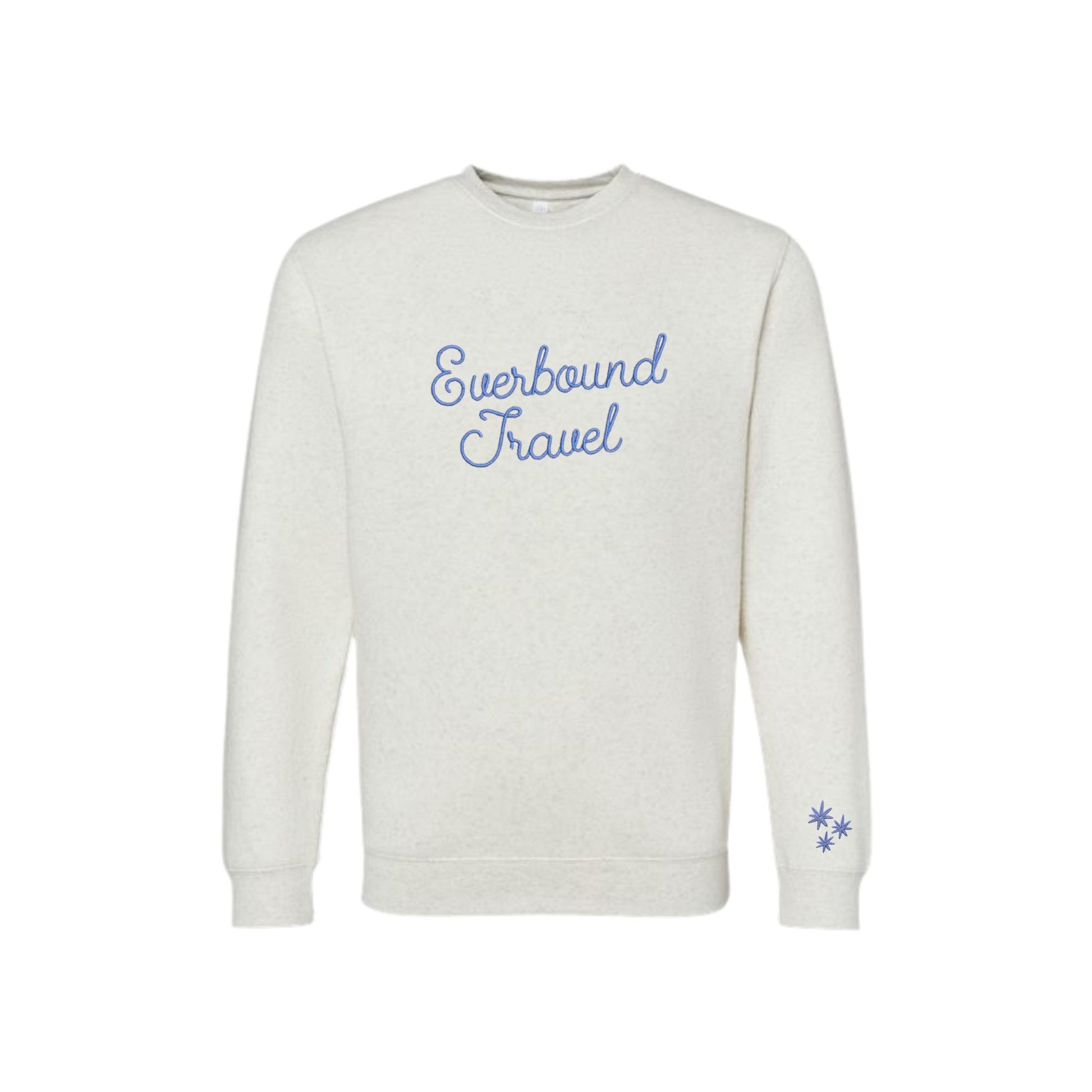 White sweatshirt with 'Everbound Travel' text embroidered on the front and stars on the cuff on a white background