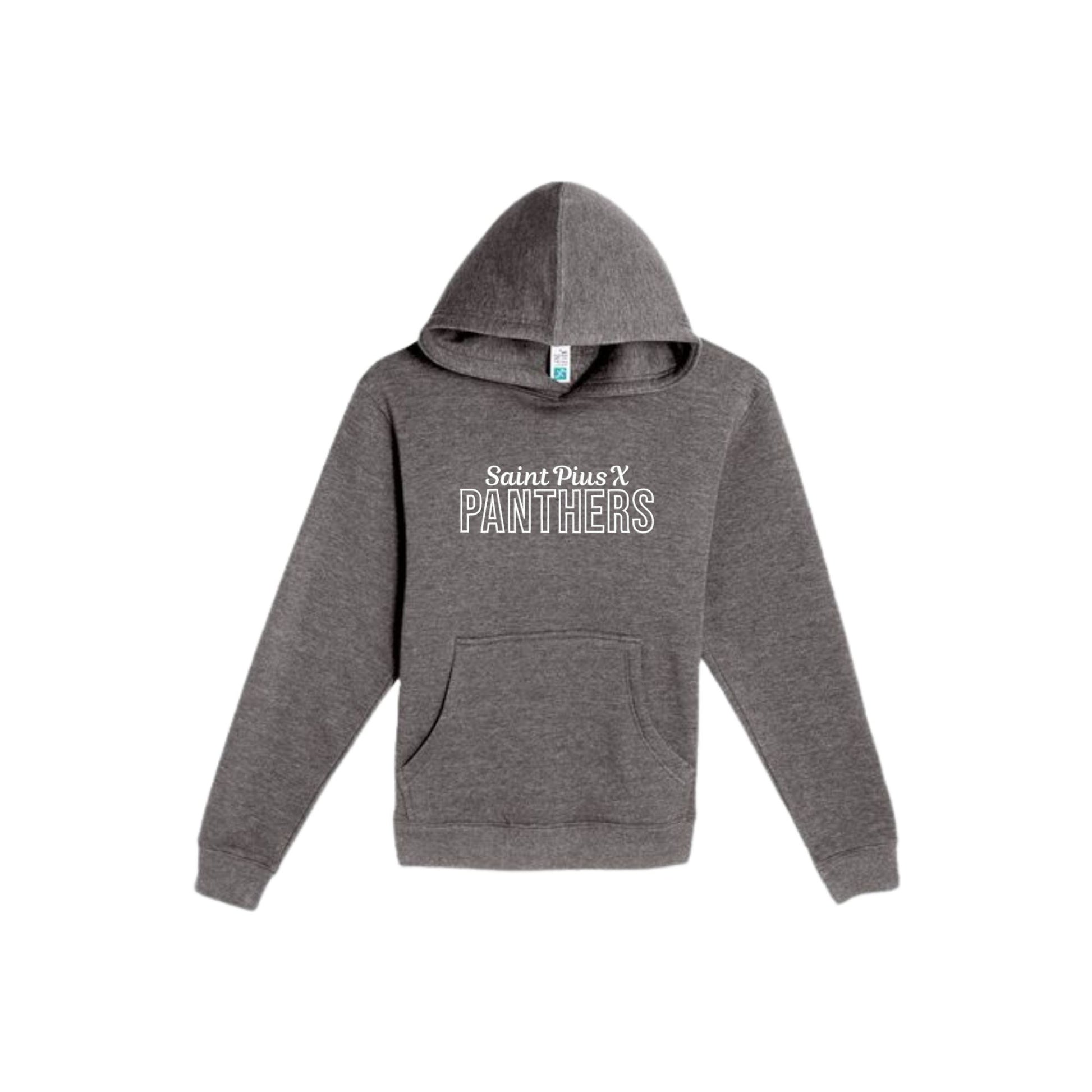 charcoal heather hoodie with 'Saint Pius X Panthers' embroidered design on the center chest in white thread