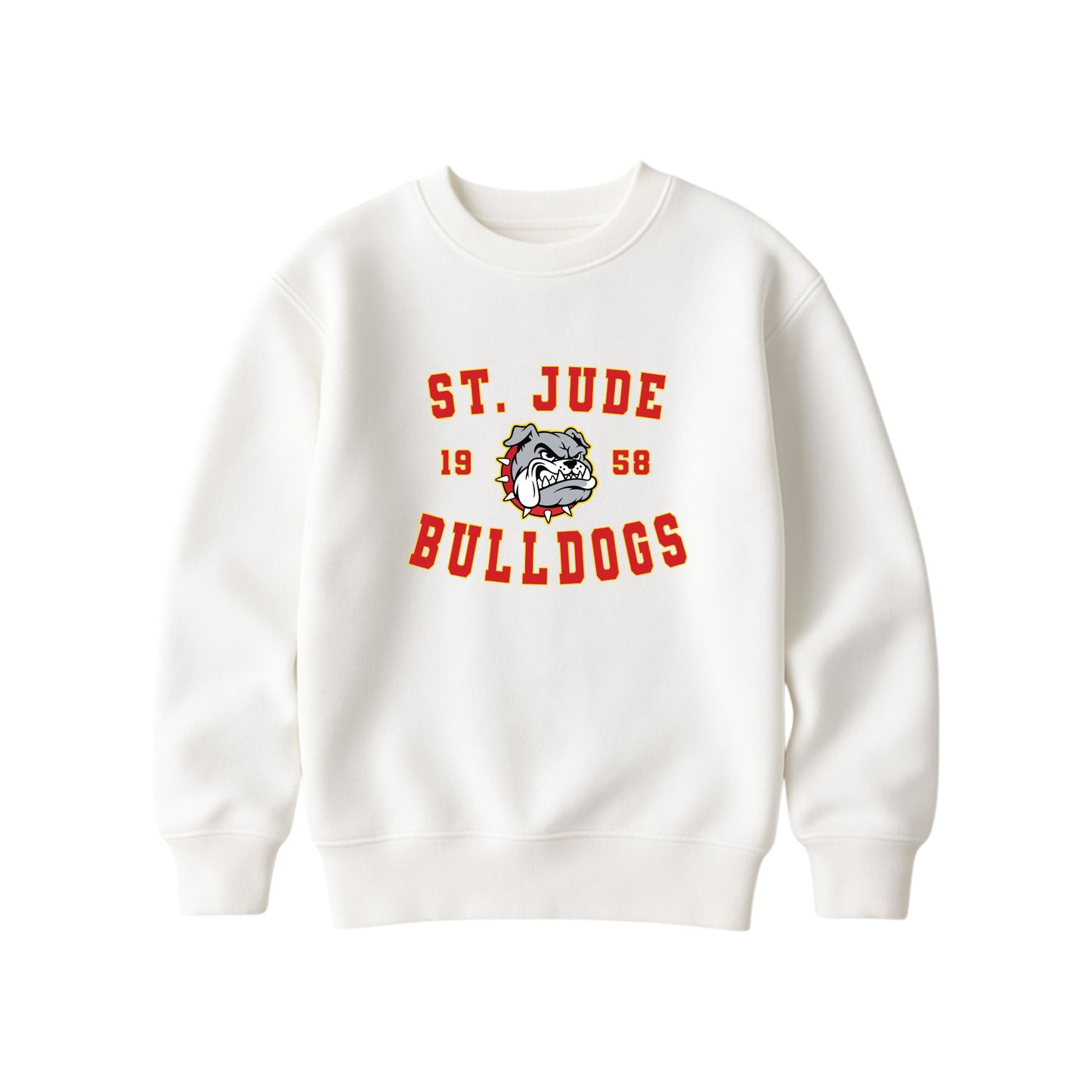An off-white crewneck sweatshirt featuring a red and gray graphic print on the front that reads 'ST. JUDE BULLDOGS 1958' with a bulldog mascot illustration.