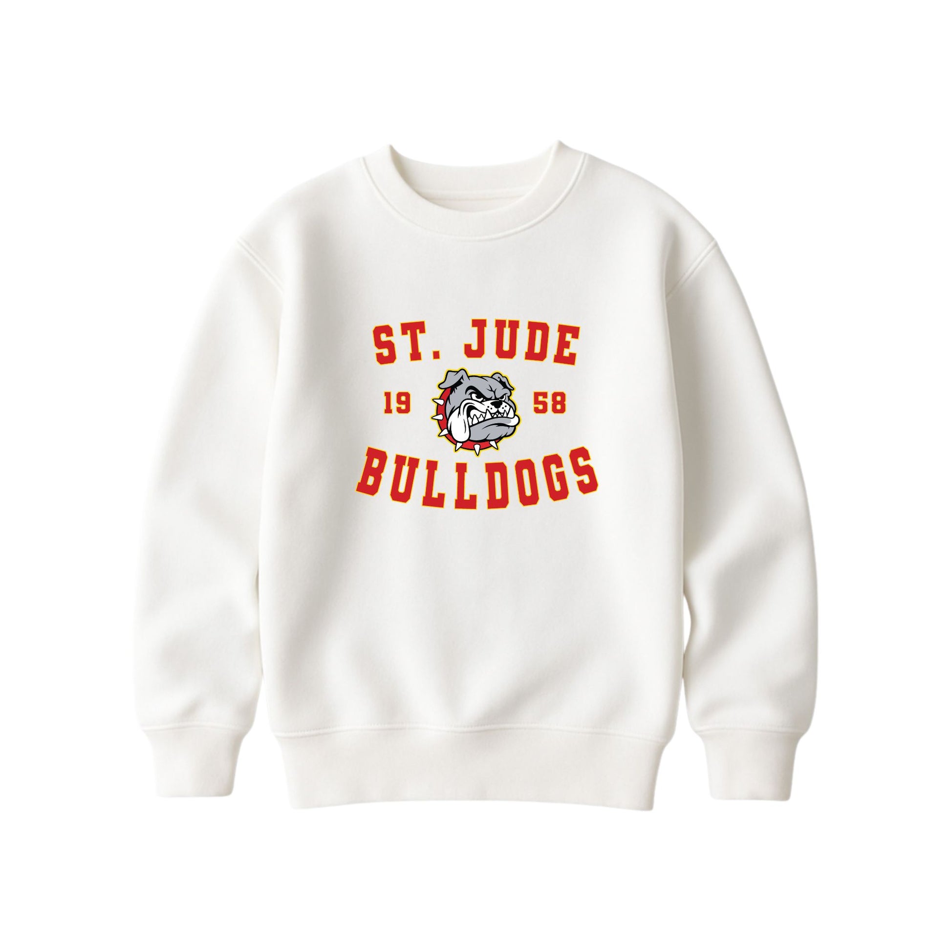 An off-white crewneck sweatshirt featuring a red and gray graphic print on the front that reads 'ST. JUDE BULLDOGS 1958' with a bulldog mascot illustration.