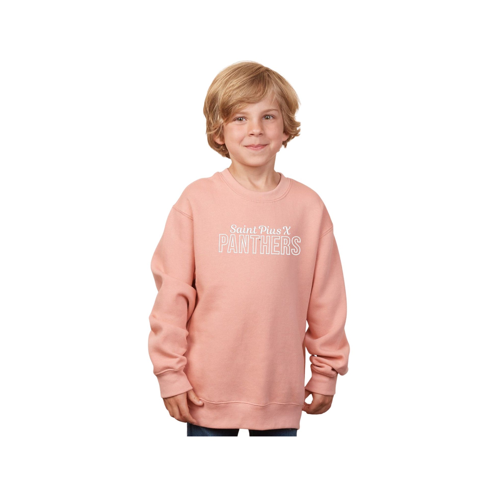 Child wearing a rose sand sweatshirt with 'Saint Pius X Panthers' embroidered design on the center chest in white thread