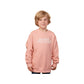 Child wearing a rose sand sweatshirt with 'Saint Pius X Panthers' embroidered design on the center chest in white thread