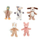 Five small plush toys in the shape of animals on a white background
