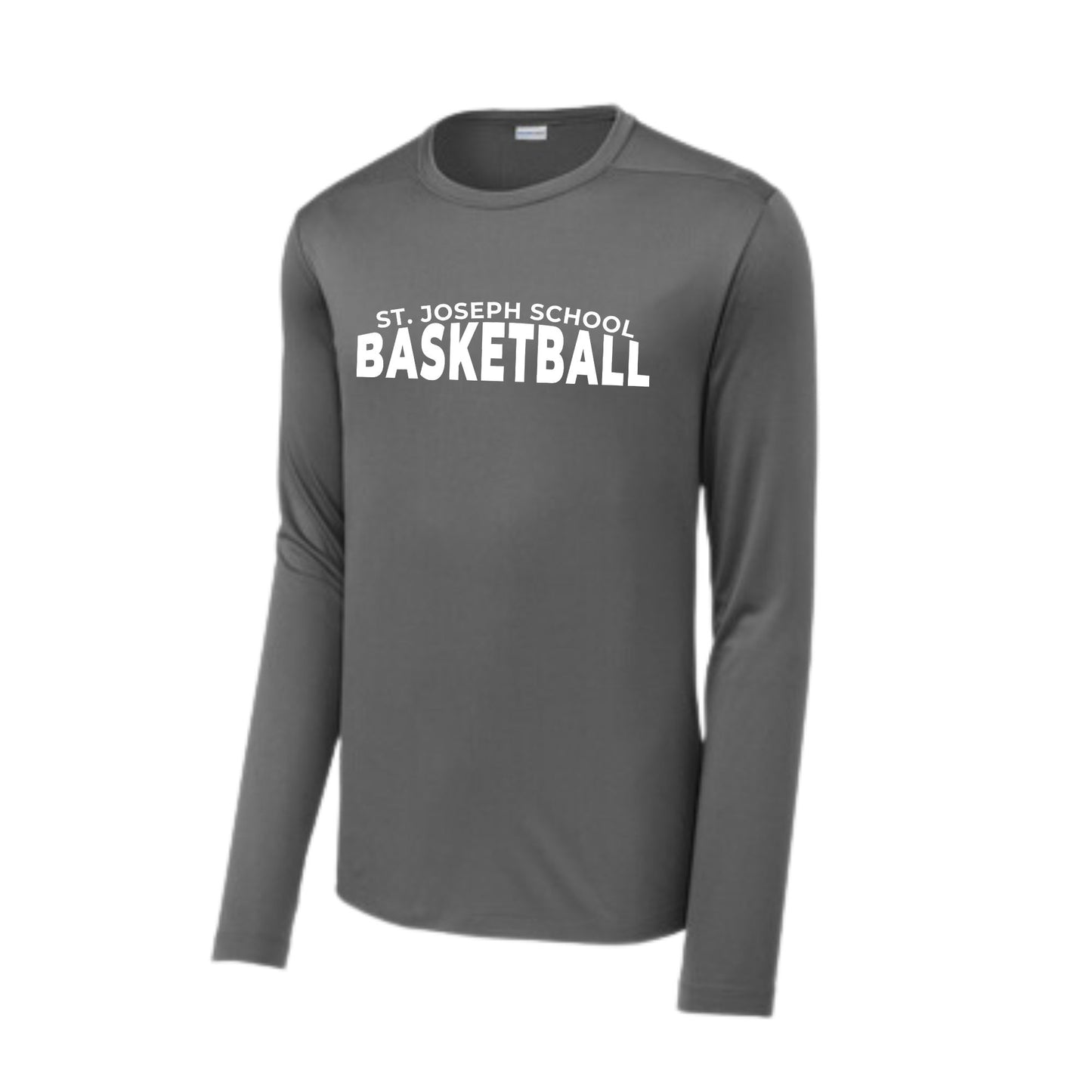 charcoal long sleeve performance shirt with a custom ST. JOSEPH SCHOOL white print 