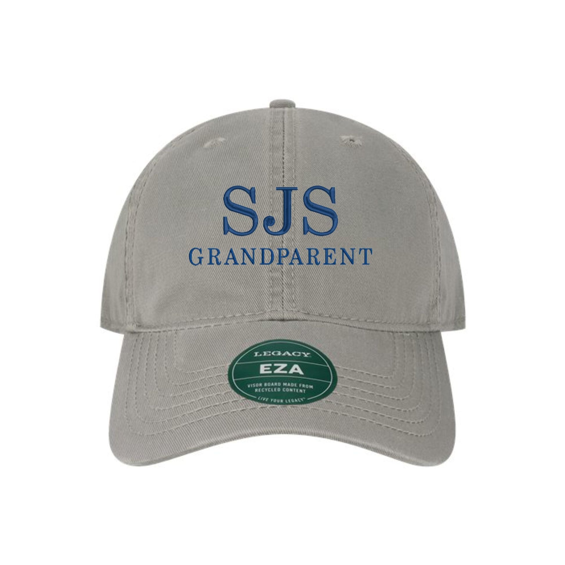 grey baseball hat with sjs grandparent embroidered in navy blue thread