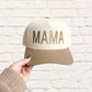 beige two-trucker hat with custom mama embroidered block font design in camel thread